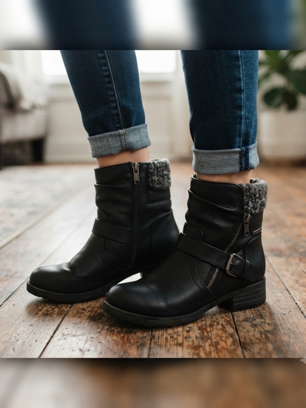 Black and Gray Combat Boots with Knit Cuff and Buckle